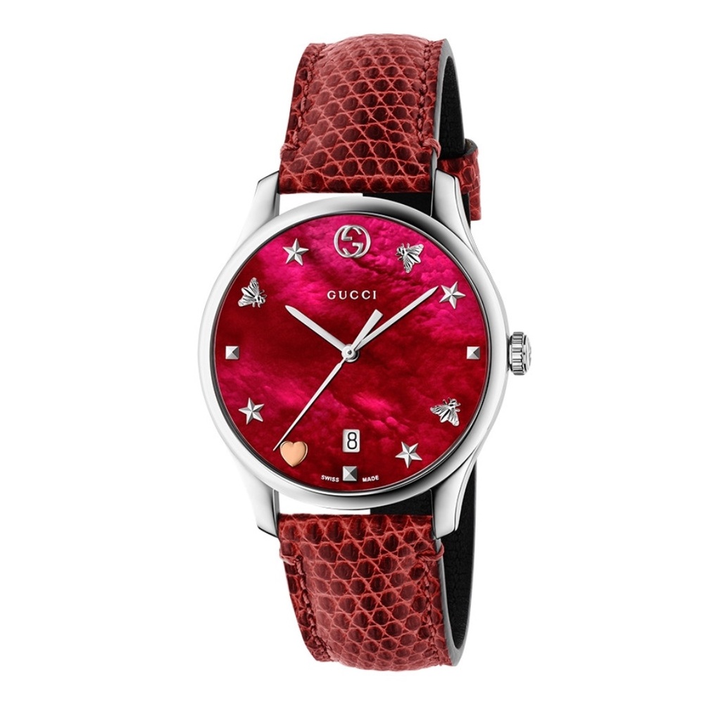 36mm Gucci G-Timeless Red Mother of Pearl with Lizard Strap